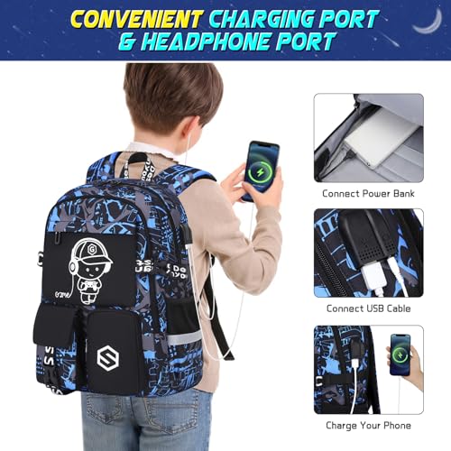 Scothen Boys Backpack, Cool Luminous Kids School Backpacks with Lunch Bag - color: Blue Musicer