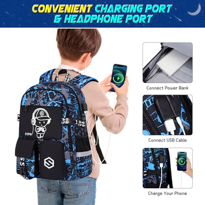 Scothen Boys Backpack, Cool Luminous Kids School Backpacks with Lunch Bag - color: Blue Musicer