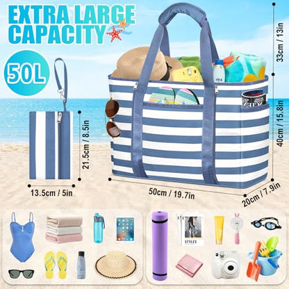 Extra Large Beach Bags for Women Waterproof Sandproof Beach Tote Bag - color: Gray Blue and White