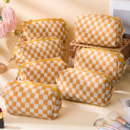 Gilprop 8 Pcs Checkered Makeup Bag Small Cosmetic Pouch Bulk,Orange - color: Orange