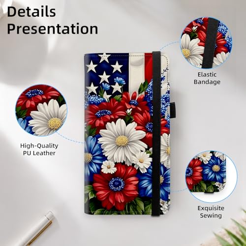 Patriotic Flag Daisy Premium Leather Checkbook Cover for Men Women, Multi-Functional Long Wallet with RFID Blocking, Business Card Holder&Pen Loop Slim Design - color: Patriotic Flag Daisy