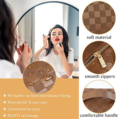 ALEXTINA Travel Makeup Bag, Checkered PU Leather Cosmetic Bag, Brown - color: brown, size: Medium