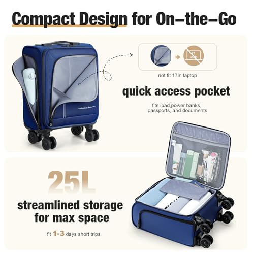 17 Inch Underseat Carry on Luggage with Removable Spinner Wheels - color: Blue, size: 17 inch_Underseat