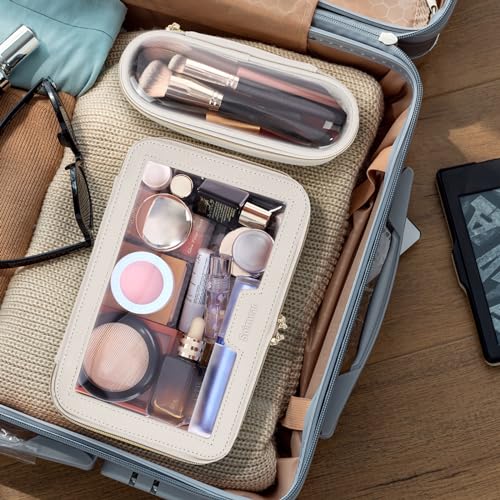 Soimeat Travel Clear Makeup Bag with Makeup Brush Bag, Leather Make up Case Toiletry Bag, Portable Cosmetic Bag Case, Transparent Waterproof Cosmetic Organizer Storage Bag for Women, Off-White - size: L