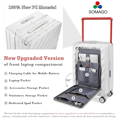 Somago Carry On Luggage Wide Handle 20 Inch Suitcase with Front Compartment Aluminum Framed PC Hardside 22x14x9 No Zipper Business Baggage with Spinner Wheels USB Charging Port TSA Lock - color: White, size: Front Open 20 inch