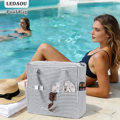 LEDAOU Beach Bag Waterproof Sandproof Women Beach Tote Pool Bag with Zipper for Swim Gym Grocery Travel with Wet Pocket - color: Light Black White