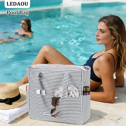 LEDAOU Beach Bag Waterproof Sandproof Women Beach Tote Pool Bag with Zipper for Swim Gym Grocery Travel with Wet Pocket - color: Light Black White