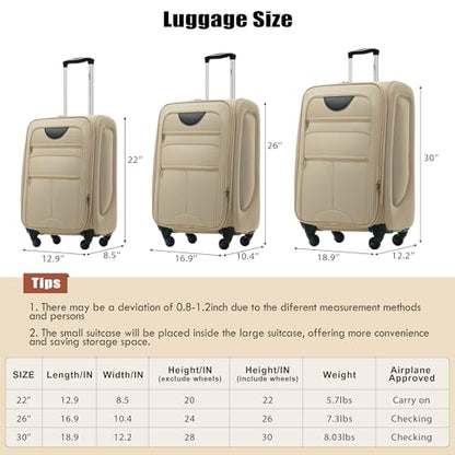 Merax Suitcase Set, Softside 3-Piece Expandable Luggage - color: Khaki(22/26/30)