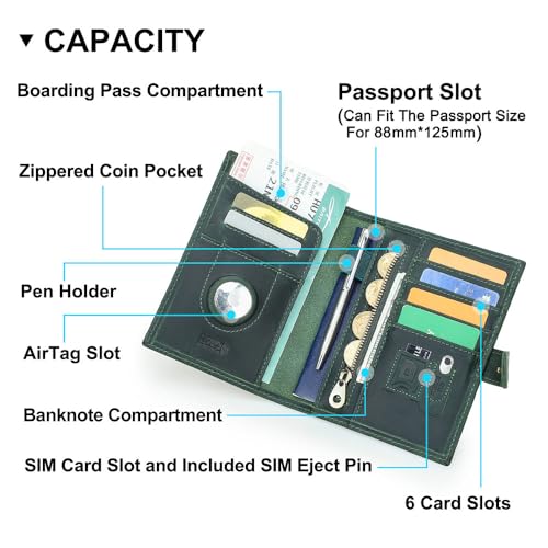 CONTACTS 풀 그레인 가죽 에어태그 여권 홀더 RFID 차단 여행용 여권 지갑 핸드메이드, 다크 그린., 플레인 스냅 - color: 다크 그린., style: 플레인 스냅