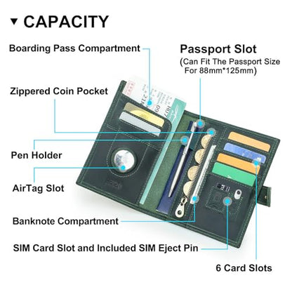 CONTACTS 풀 그레인 가죽 에어태그 여권 홀더 RFID 차단 여행용 여권 지갑 핸드메이드, 다크 그린., 플레인 스냅 - color: 다크 그린., style: 플레인 스냅