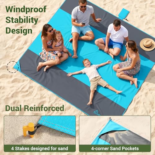 Wolfwise 108" × 120" XXL Beach Blanket, Waterproof & Sandproof Picnic Mat with 4 Sand Pockets & 4 Stakes, Windproof Outdoor Camping Beach Mat, Lightweight, Fits 8 People, Blue - color: Blue, size: 108" x 120"（8 Person)