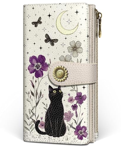 GIANCOMICS Black Cat Womens Wallet RFID Blocking, Credit Card Holder Bifold - color: Black Cat Flower