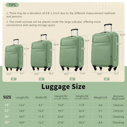 Merax Softside Luggage Set 4 Piece,18/22/26/30 Expand Suitcase,Light Green - color: Light Green, size: 18/22/26/30