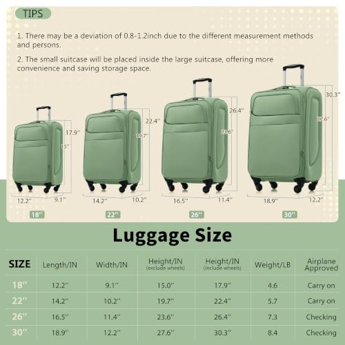 Merax Softside Luggage Set 4 Piece,18/22/26/30 Expand Suitcase,Light Green - color: Light Green-18/22/26/30