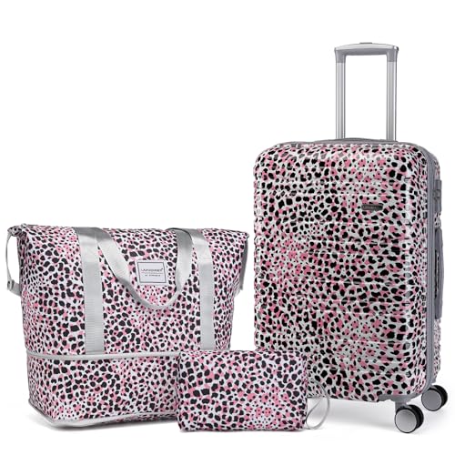 LARVENDER Luggage Sets 3 Piece, Hardside 20 IN Carry on Luggage Airline Approved PC+ABS Suitcase Set with Spinner Wheels TSA Lock, Lightweight Rolling Suitcase for Men and Women, Leopard Pink - color: Leopard Pink 20in, size: 3 Piece Set (20/DB/TB)