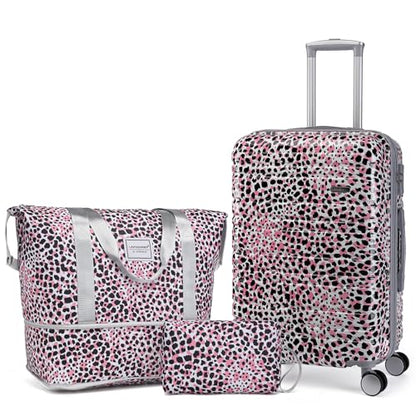 LARVENDER Luggage Sets 3 Piece, Hardside 20 IN Carry on Luggage Airline Approved PC+ABS Suitcase Set with Spinner Wheels TSA Lock, Lightweight Rolling Suitcase for Men and Women, Leopard Pink - color: Leopard Pink 20in, size: 3 Piece Set (20/DB/TB)