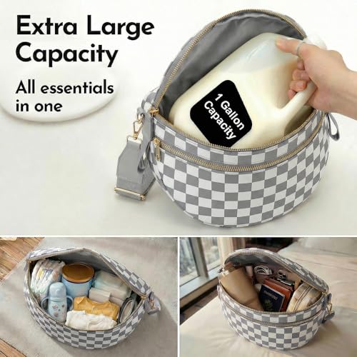 Checkered Crossbody Bags for Women Large Belt Bum Bag Nylon Fanny Packs with Adjustable Strap(Gray Checkered) - color: Gray Checkered