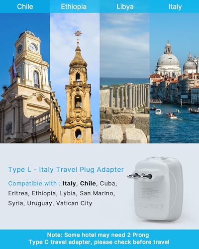 VINTAR Italy Travel Plug Adapter, 2 Pack Type L Plug Adapter with USB-C | 6 in 1 with 2 Outlets 4 USB Ports, 3 Prong Grounded Plug, Power Adapter for US to Italy Chile Uruguay Libya - style: Type L-Italy Chile
