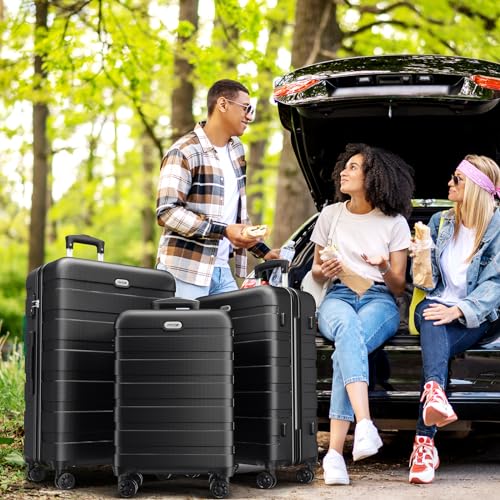 AnyZip Luggage Sets 3 Piece Hardshell Suitcase Set PC ABS Lightweight Travel Suitcases with 4 Double Spinner Wheels TSA Lock 20 24 28 Inch Black - color: Black, size: 3 piece set (20/24/28)