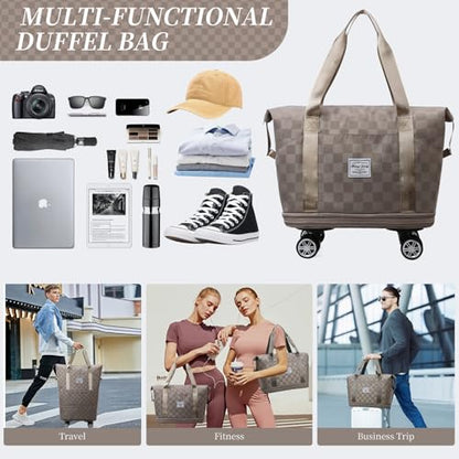Rolling Duffle Bag with Wheels Expandable Foldable Travel Duffel Bag Checkerboard Carry on Luggage Bag Weekender Bag for Men Women - color: Khaki+Shoe Bag