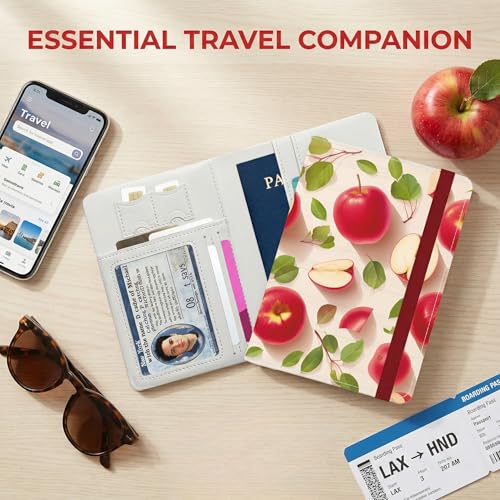 Passport Holder with Fruit Apple Design Unique PU Leather Travel Wallet Fun and Cheerful Passport Cover for All 5.9 x 4.3 Inches - color: Apple