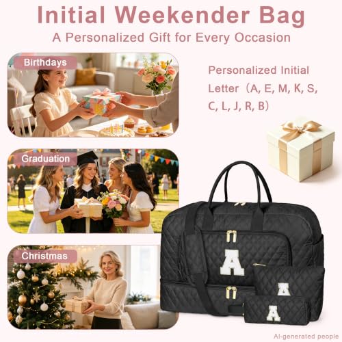 TIBES Initial Weekender Bag for Women, 45L 3PCS Travel Duffle Overnight Bag - color: Black Diamond Quilted, style: M