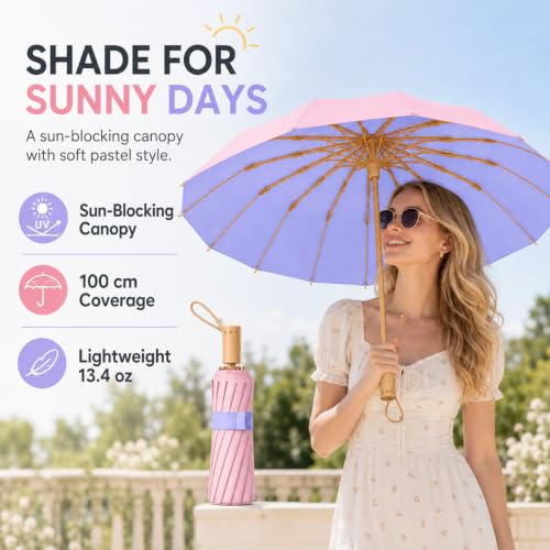 Compact Travel Umbrella with UPF 50+ UV Protection - color: Purple And Pink