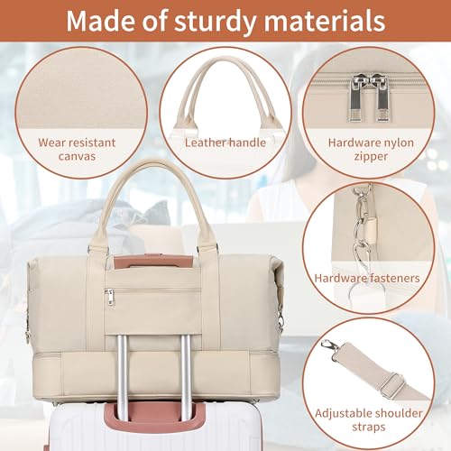 Women's Weekender bag Travel Duffel Bag with Shoe Compartment 21-inch Airline-Approved Carry-On, 2-Piece Overnight Bag Set Personal Item Luggage - color: C-Beige-A