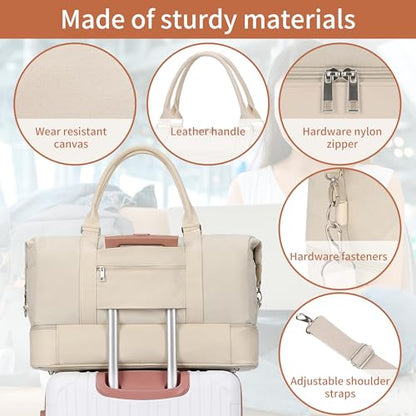 Women's Weekender bag Travel Duffel Bag with Shoe Compartment 21-inch Airline-Approved Carry-On, 2-Piece Overnight Bag Set Personal Item Luggage - color: C-Beige-A