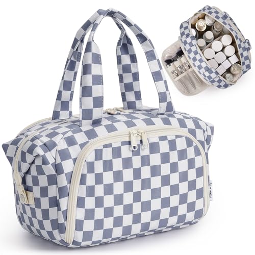 Narwey Travel Toiletry Bag for Women, Large Makeup Cosmetic Organizer Bag - color: Greyish Blue Checkerboard