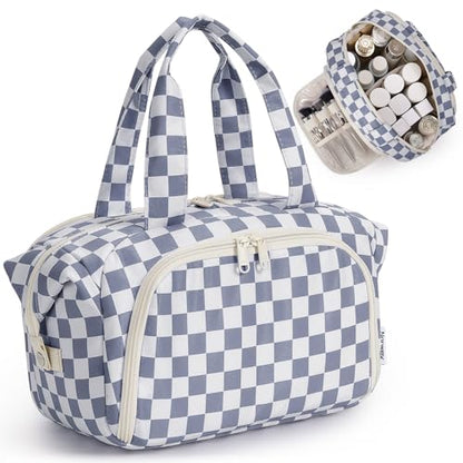 Narwey Travel Toiletry Bag for Women, Large Makeup Cosmetic Organizer Bag - color: Greyish Blue Checkerboard