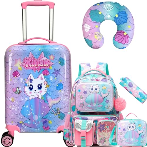Cute Cat Kid's Luggage Set - 5 Piece Hardside Suitcase Set with Spinner Wheels - Airline Approved - color: Cat Pink