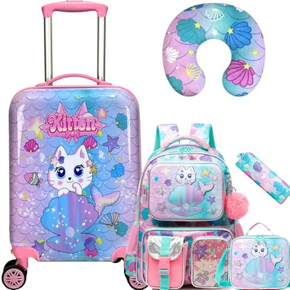 Cute Cat Kid's Luggage Set - 5 Piece Hardside Suitcase Set with Spinner Wheels - Airline Approved - color: Cat Pink