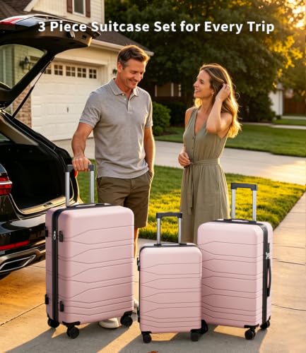 3 Piece Expandable Luggage Set with Spinner Wheels Hardshell Suitcase Set - color: Pink