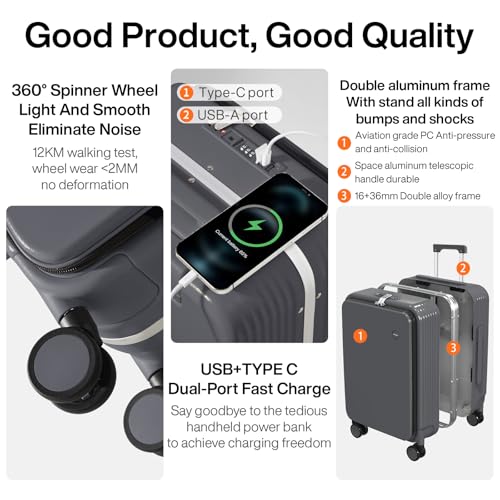 mixi Large Checked Luggage with Cup Phone Holder and Charger Hard Shell Suitcases with Spinner Wheels, 26 Inch Rock Gray - color: Rock gray, size: 26-inch