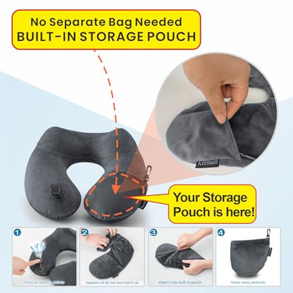 Keemall Inflatable Neck & Shoulder Travel Pillow for Airplane Naps - color: Black Gray, size: Medium