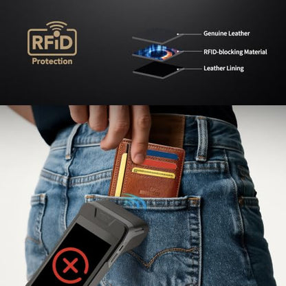 Genuine Leather Mens Wallet Slim RFID Blocking Credit Card Holder - color: VegTan BrickBrown