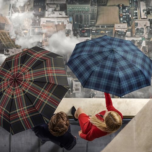 Knirps T.200 Duomatic Compact Rain Umbrella in Check Hunter– Wind Tunnel Tested to 93 mph, Aluminum Steel Fiberglass Frame, 38in Canopy, OEKO-TEX, High-Performance Automatic Travel Umbrellas - color: Check Hunter