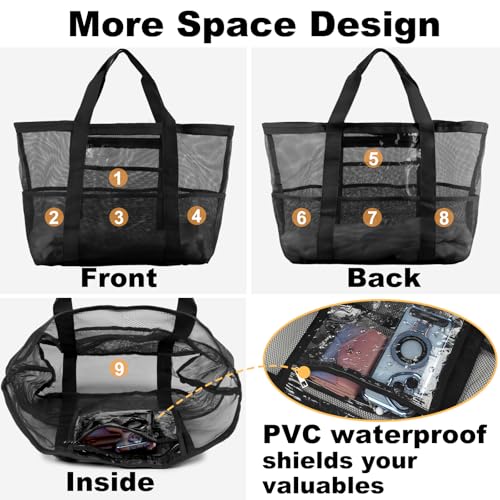 CaCTOUR Mesh Beach Bag,Large Beach Bags for Women with 8 Pockets,Packable Tote Bag for Beach Cruise Pool Vacation Essentials - color: Black