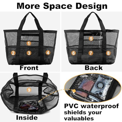 CaCTOUR Mesh Beach Bag,Large Beach Bags for Women with 8 Pockets,Packable Tote Bag for Beach Cruise Pool Vacation Essentials - color: Black