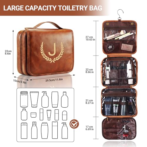 OXYEFEI Personalized Hanging Travel Toiletry Bag Gift for Men,Engraved Initial PU Leather Mens Large Toiletry Travel Essential Organizer Dopp Kit Shaving Bag for Him Birthday (N, Light Brown) - style: N