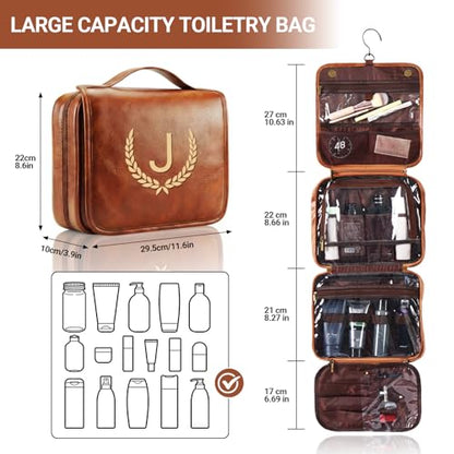 OXYEFEI Personalized Hanging Travel Toiletry Bag Gift for Men,Engraved Initial PU Leather Mens Large Toiletry Travel Essential Organizer Dopp Kit Shaving Bag for Him Birthday (B, Light Brown) - style: B