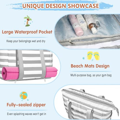 Extra Large Beach Bags for Women Waterproof Sandproof Beach Tote Bag - color: Grey White
