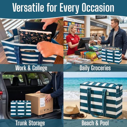 VENO 2 Pack Utility Tote Reusable Grocery Bags with Zipper & Hard Bottom - color: Classic Navy Stripe, size: 2 Pack