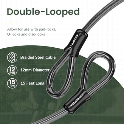 Titanker Bike Lock Cable,12mm Thick Security Cable with Loops Heavy Duty Steel Cable Vinyl Coated Bike Cable Lock Security Chain (4ft, 7ft, 15ft, 30ft) - style: 15 Feet