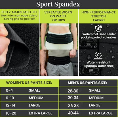 StashBandz Running Belt & Money Belt, 3 Zippered Pockets, Phone Holder - size: Large