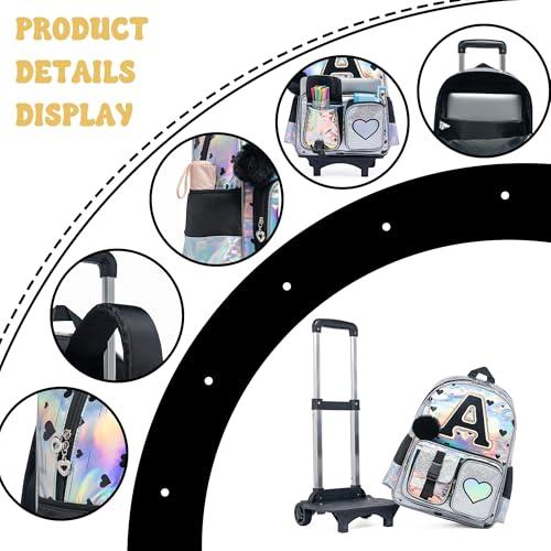 HTgroce Cute Rolling Backpack with Wheel,School Backpack for Kids Girl Roller Schoolbag Wheeled Backpacks Set Carry-on Luggage,Initial A - color: Silver, style: A