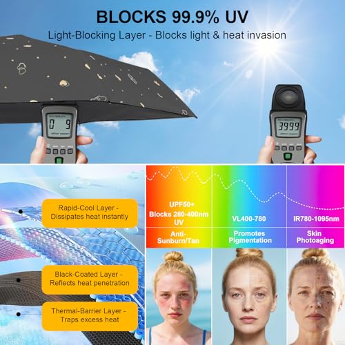 Mini Travel Umbrella, UPF 50+ Purse Umbrella with Case and Carabiner - color: Black with Heart-8 Ribs