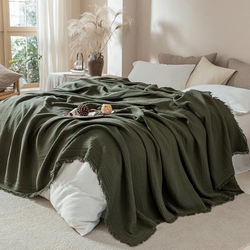 Muslin Fringe Blankets for Adults 100% Cotton Cloud Soft - color: Olive Green, size: Super King (108" × 98")