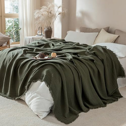 Muslin Fringe Blankets for Adults 100% Cotton Cloud Soft - color: Olive Green, size: Super King (108" × 98")